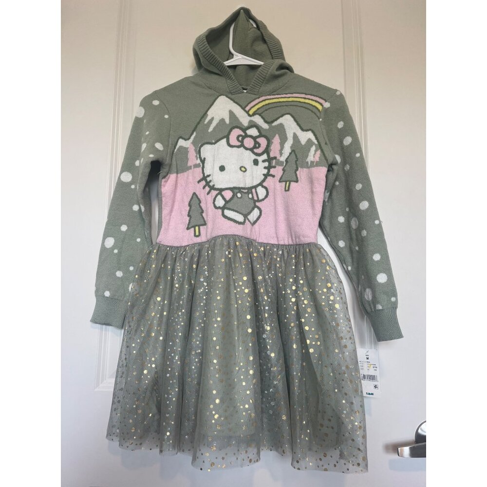 Hello Kitty Girls Hoodie Sweater Dress Tulle Sz M Green Pink Polka Dots Glitter
